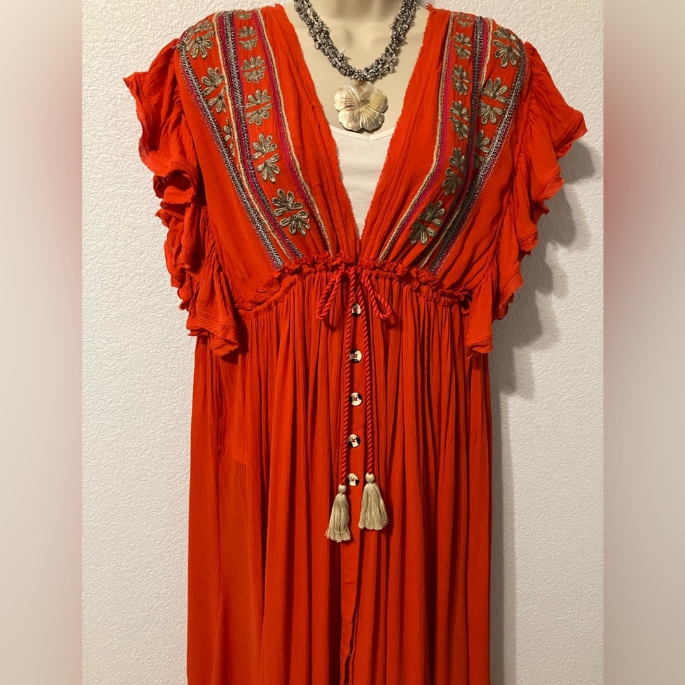 NWT Free People Orange Ruffled Maxi Sundress Size Large, fits more like XL